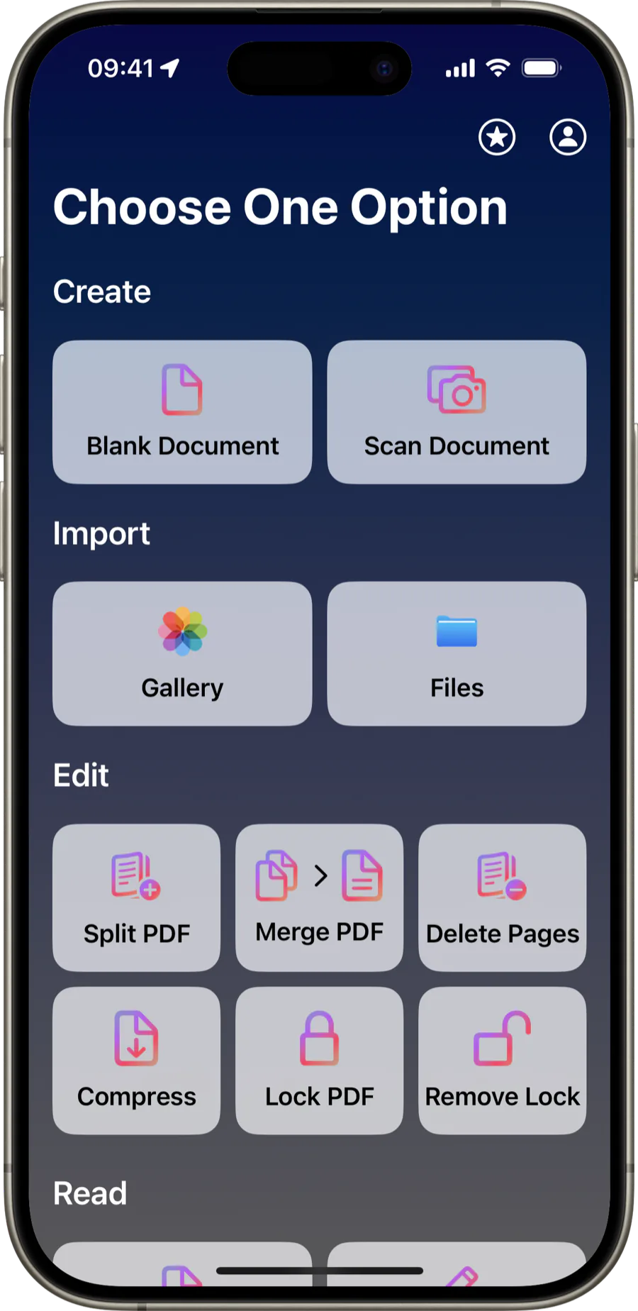 The MarkPDF home screen listing saved documents