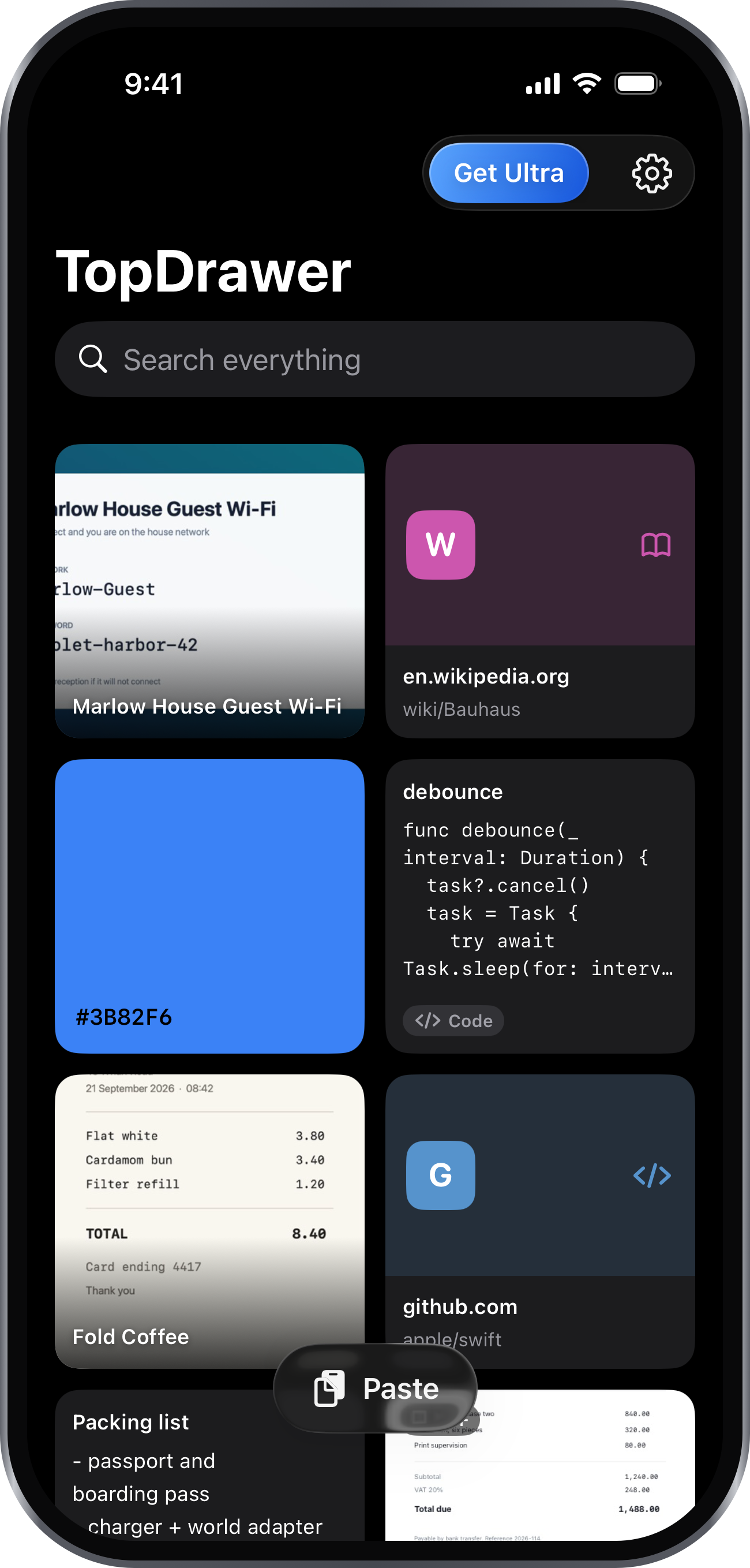 The TopDrawer grid showing saved notes, links and documents